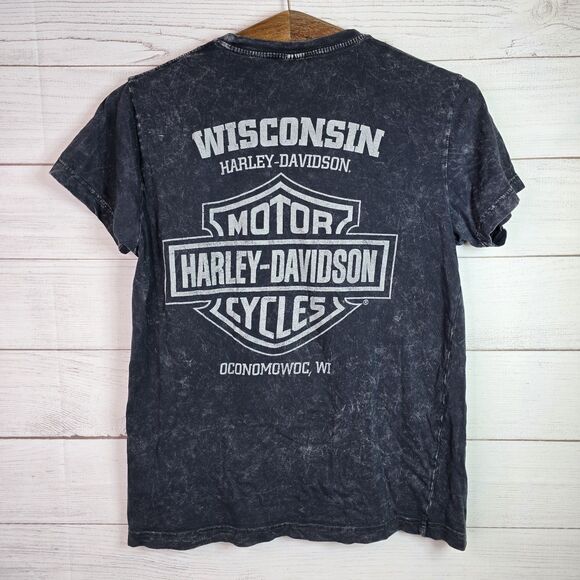 Harley Davidson Eagle Women Tee Black Oconomowoc Wisconsin Stone Wash Sz S Flaw - Picture 6 of 10